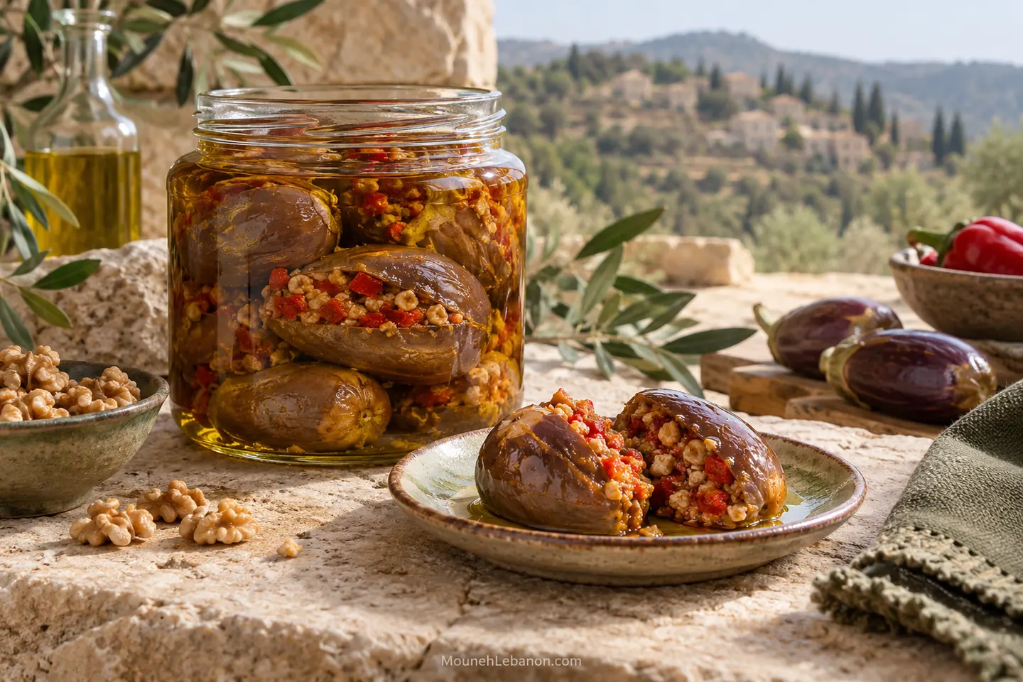 مكدوس لبناني في مرطبان مفتوح محفوظ بزيت الزيتون