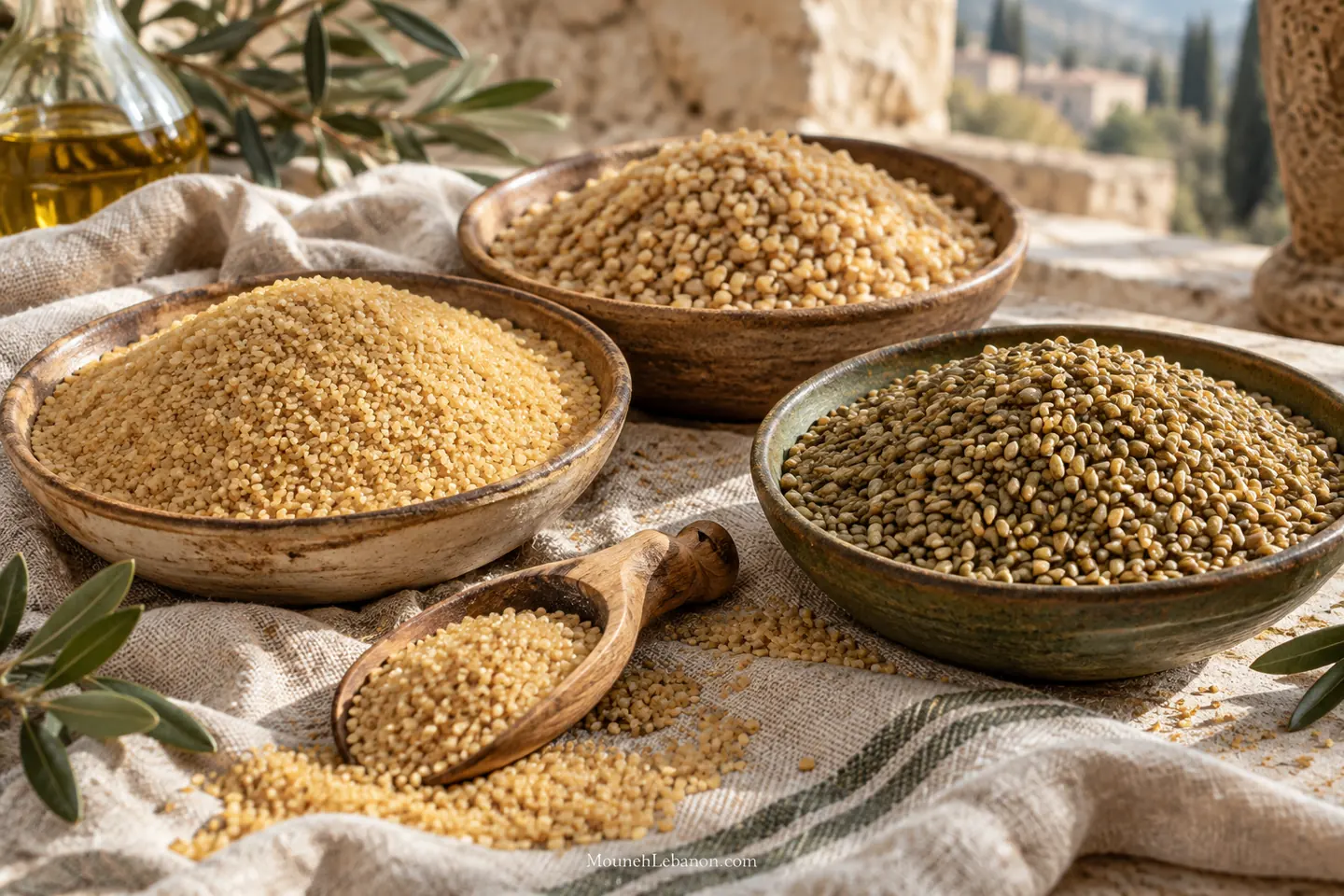 برغل ناعم وبرغل خشن وفريكة في ثلاثة أوعية على قماش كتان