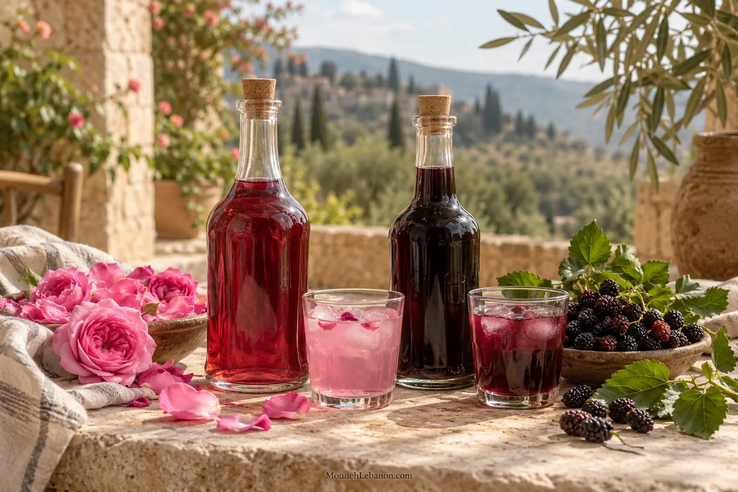 شراب الورد وشراب التوت في زجاجتين مع كؤوس صغيرة وبتلات ورد وحبات توت