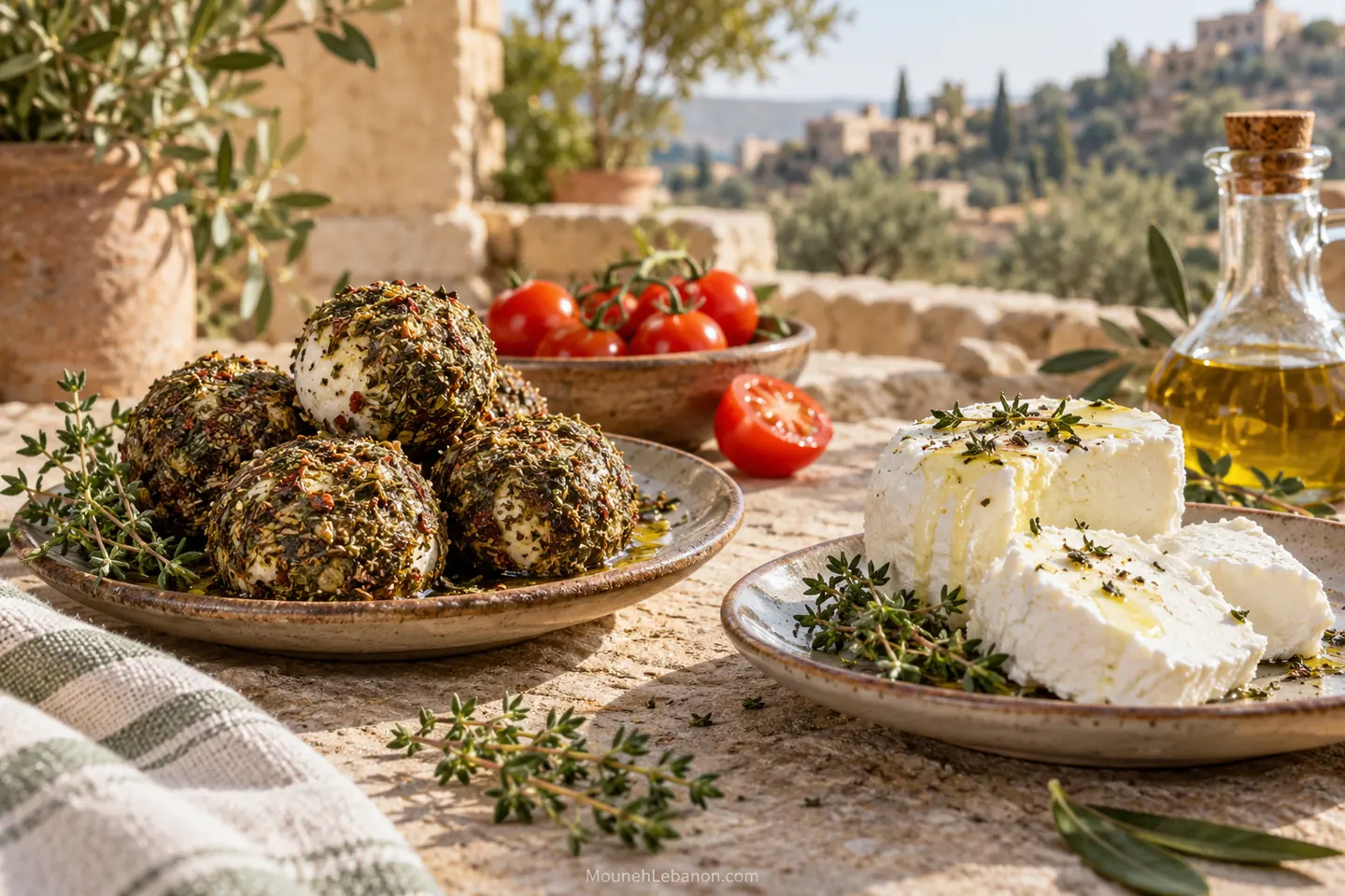 شنكليش مغلّف بالزعتر وجبنة ماعز بيضاء على صحنين خزفيين مع البندورة والزعتر
