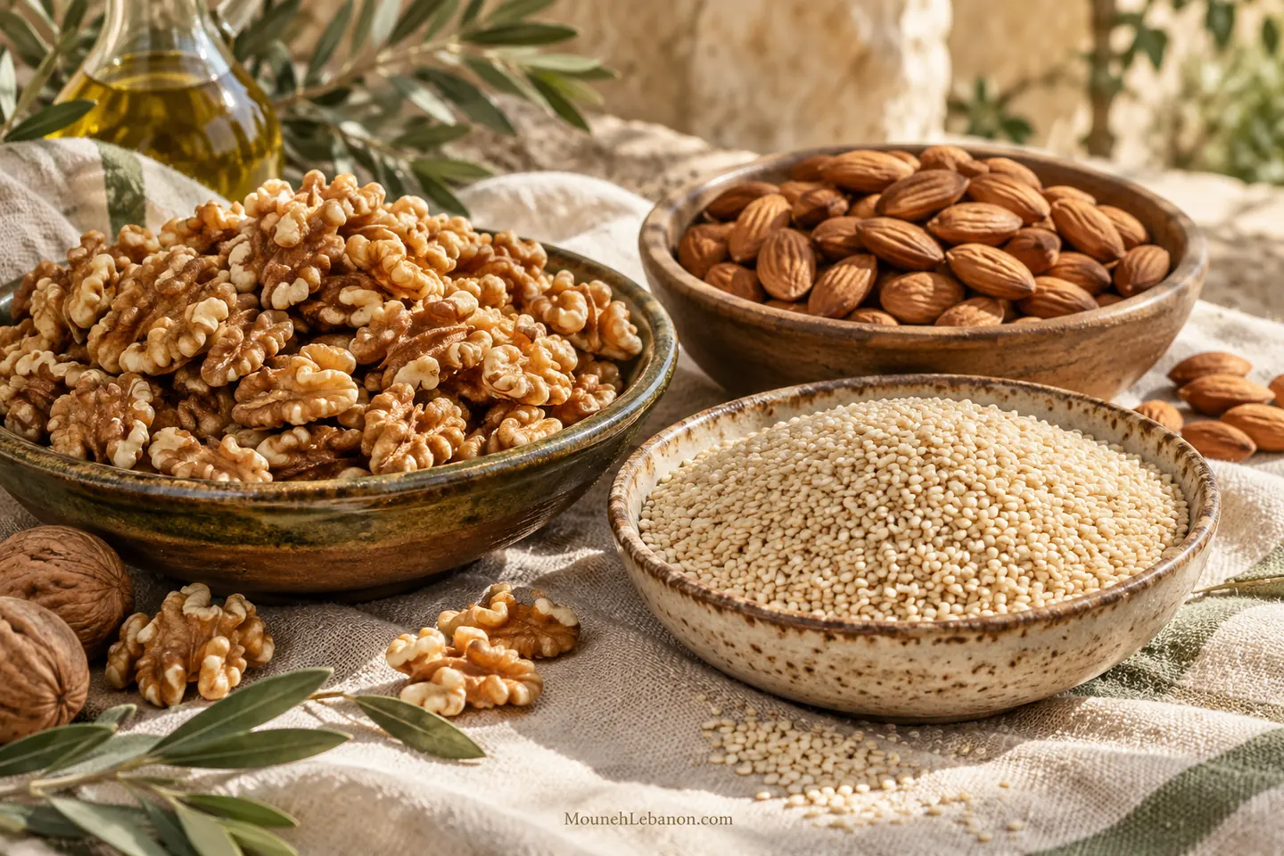 جوز ولوز وسمسم في أوعية صغيرة على قماش كتان