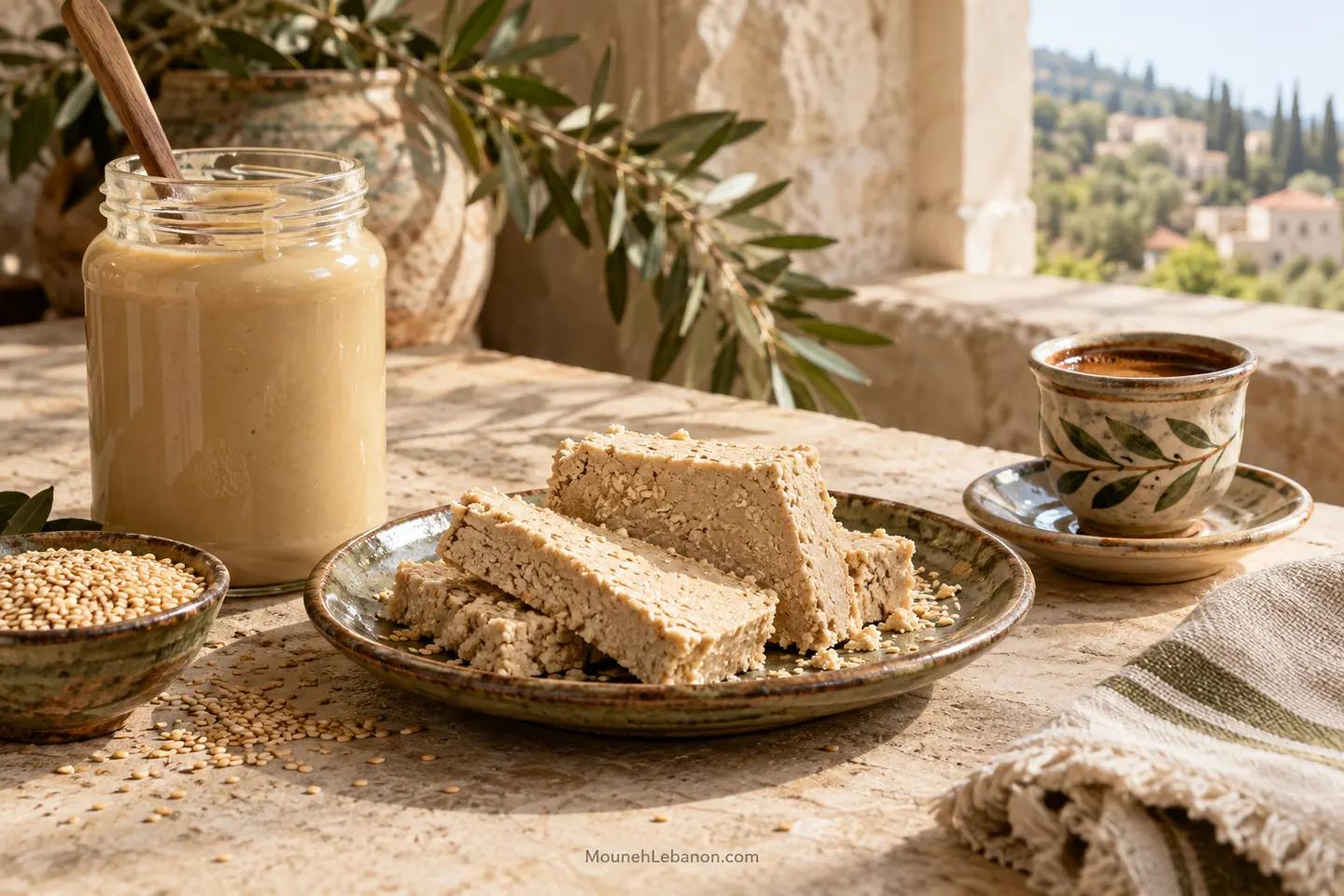 مرطبان طحينة وقطع حلاوة طحينية وفنجان قهوة لبنانية